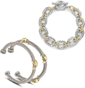 3Pcs Twisted Cable Cuff Bracelets and Chain Set, Trendy Gold and Silver Bangle Two Tone Bracelet Designer Dupes Adjustable Mixed Metal Jewelry for Women