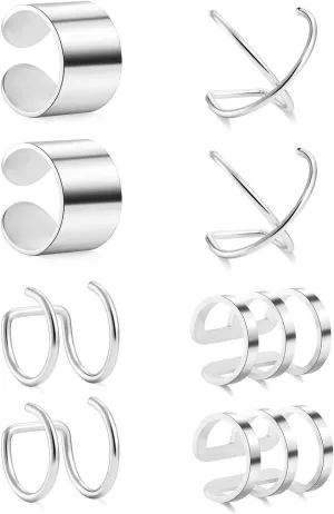 4 Pairs Stainless Steel Ear Cuff Fake Non-Piercing Clip On Cartilage Rings silver color Unique Delicate Jewelry Accessories