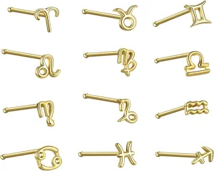 4 PCS Astrology Nose Studs for Women Men Horoscope Charm Nose Studs Rings 925 Sterling Silver Zodiac Nose Piercing Bone Pin Piercing Body Jewelry Dainty Ear Studs