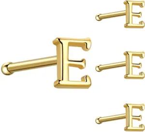 4 Pcs Initial Letter Nose Rings Studs for Women 18K Gold Plated 925 Sterling Silver Tiny Nose Bone Stud Hypoallergenic Straight Nose Piercings Jewelry Gift Cartilage Earrings