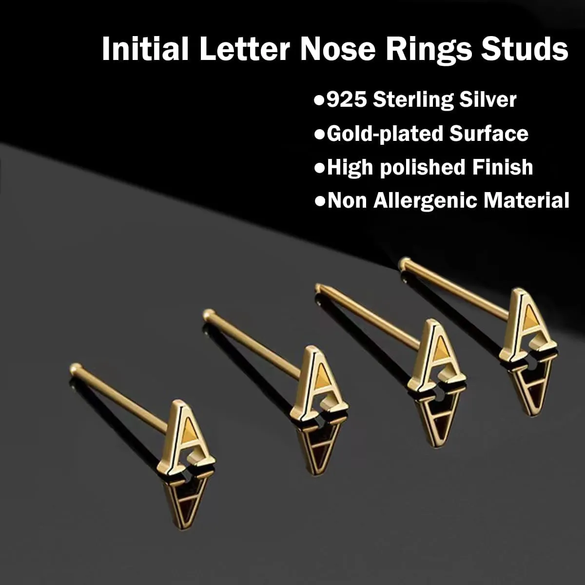 4 Pcs Initial Letter Nose Rings Studs for Women 18K Gold Plated 925 Sterling Silver Tiny Nose Bone Stud Hypoallergenic Straight Nose Piercings Jewelry Gift Cartilage Earrings