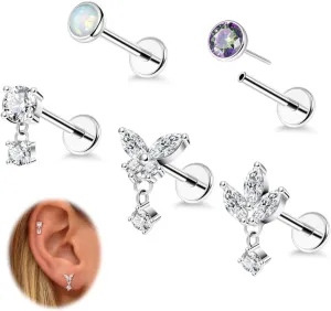 5Pcs 18G Surgical Steel Threadless Cartilage Labret Monroe Stud Earrings for Women Push in Flat Back Helix Tragus Lip Stud Earrings Conch Nose Stud Piercing Jewelry 6/8/10MM