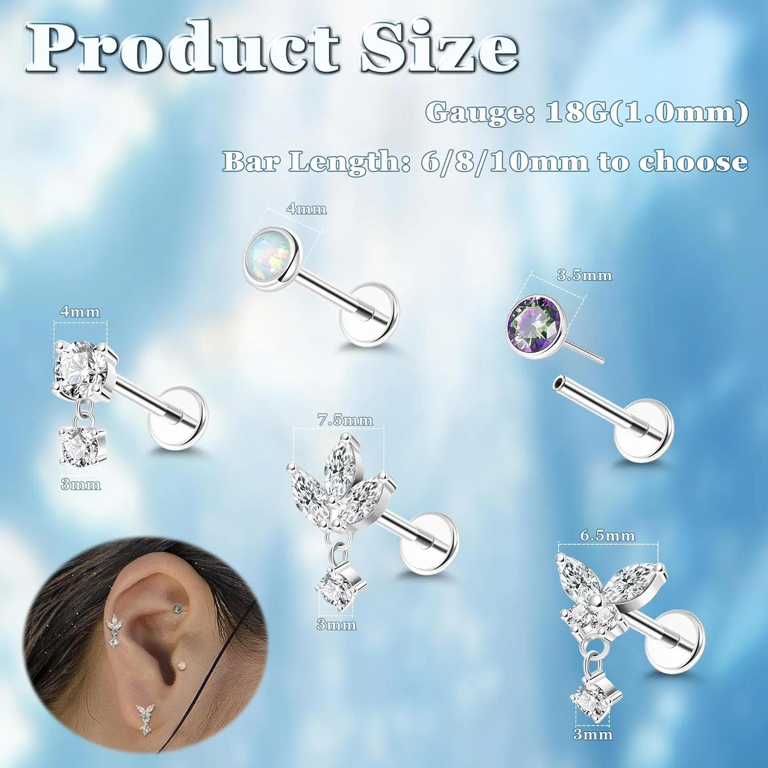 5Pcs 18G Surgical Steel Threadless Cartilage Labret Monroe Stud Earrings for Women Push in Flat Back Helix Tragus Lip Stud Earrings Conch Nose Stud Piercing Jewelry 6/8/10MM