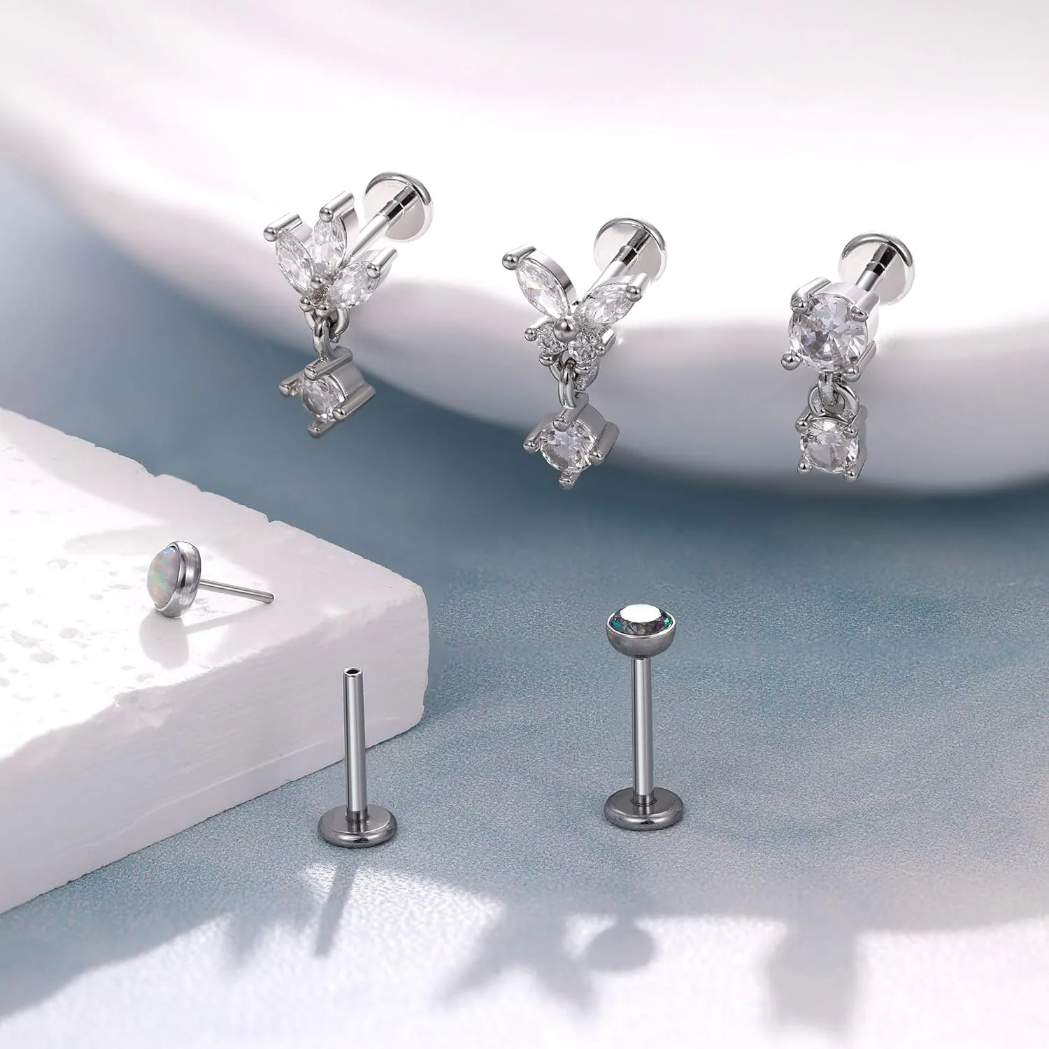 5Pcs 18G Surgical Steel Threadless Cartilage Labret Monroe Stud Earrings for Women Push in Flat Back Helix Tragus Lip Stud Earrings Conch Nose Stud Piercing Jewelry 6/8/10MM