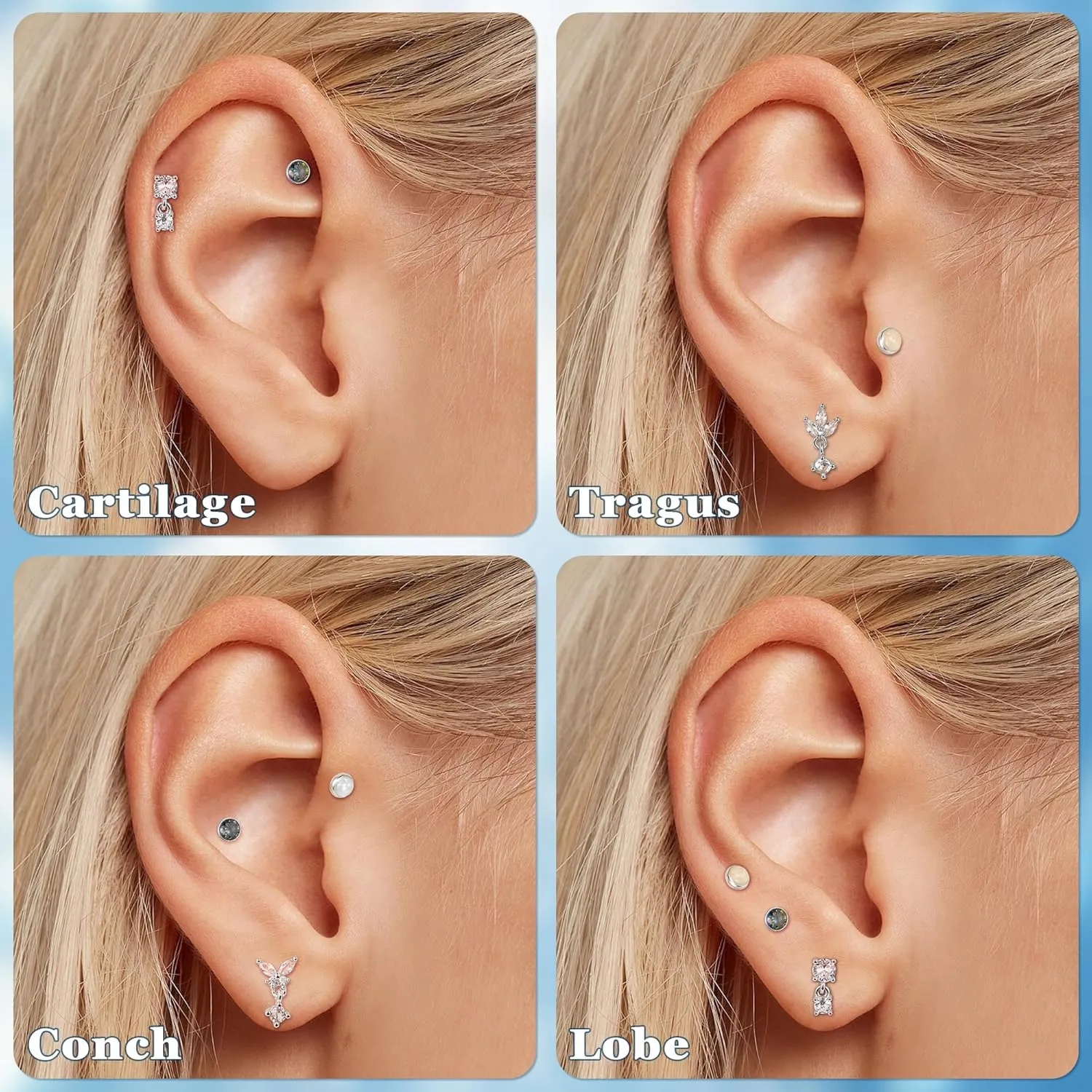 5Pcs 18G Surgical Steel Threadless Cartilage Labret Monroe Stud Earrings for Women Push in Flat Back Helix Tragus Lip Stud Earrings Conch Nose Stud Piercing Jewelry 6/8/10MM