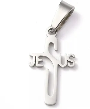 5Pcs Easter Stainless Steel Pendants Cross with Word Jesus 21x12x1.2mm-Default