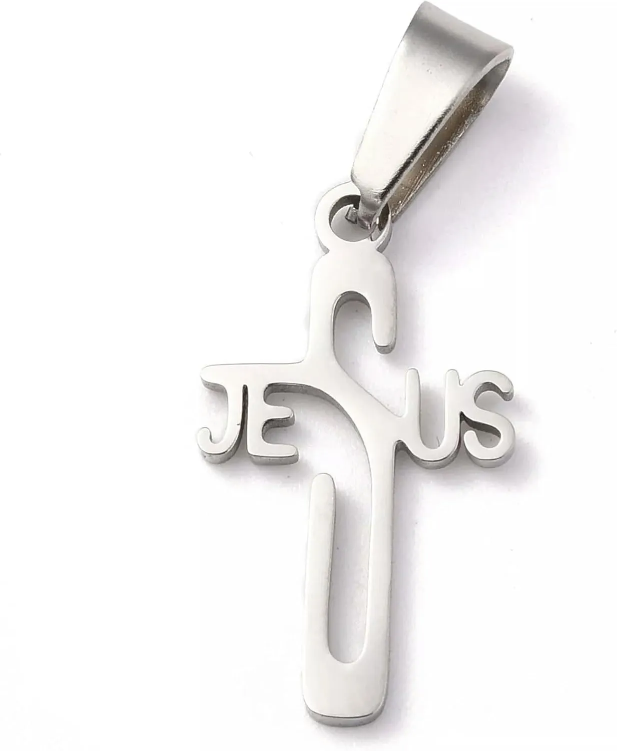 5Pcs Easter Stainless Steel Pendants Cross with Word Jesus 21x12x1.2mm-Default