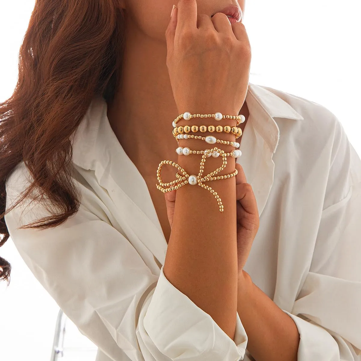 5PCS Gold Bow Bracelet for Women Stackable Stretch Bead Ball Bracelets Stack Gold Beaded Bracelets Pearl Bracelets for Women Gold Bead Elastic Bracelet Jewelry