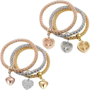 6 Pcs Crystal Charms Multilayer Bracelets for Women, Gold/Silver/Rose Corn Chain Bracelet, Heart Shaped Pendant Stretch Trendy Stack Jewelry Set for Mother's Day