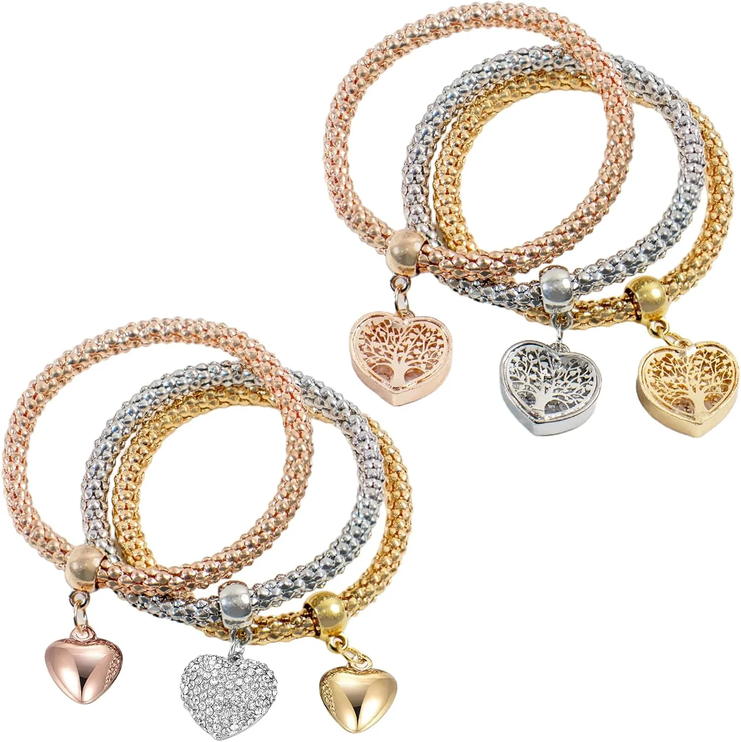 6 Pcs Crystal Charms Multilayer Bracelets for Women, Gold/Silver/Rose Corn Chain Bracelet, Heart Shaped Pendant Stretch Trendy Stack Jewelry Set for Mother's Day