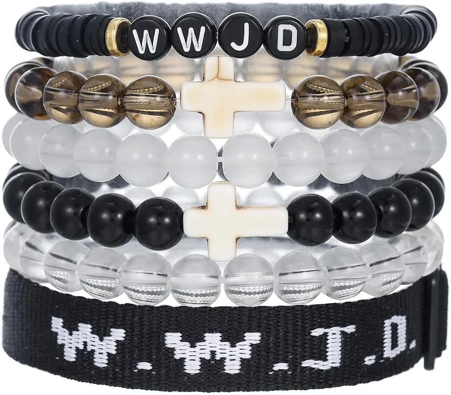 6PCS WWJD Adjustable Bracelet Set for Women Men Hand-Woven Inspirational Christian Cross Bracelet Crystal Beaded Wristbands Stackable Bracelets