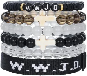 6PCS WWJD Adjustable Bracelet Set for Women Men Hand-Woven Inspirational Christian Cross Bracelet Crystal Beaded Wristbands Stackable Bracelets