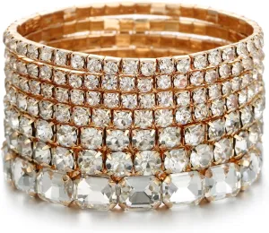 7 PCS Crystal Stretch Bracelets for Women, Bridal Wedding Stackable Layered Rhinestone Bracelets Set Evening Party Jewelry