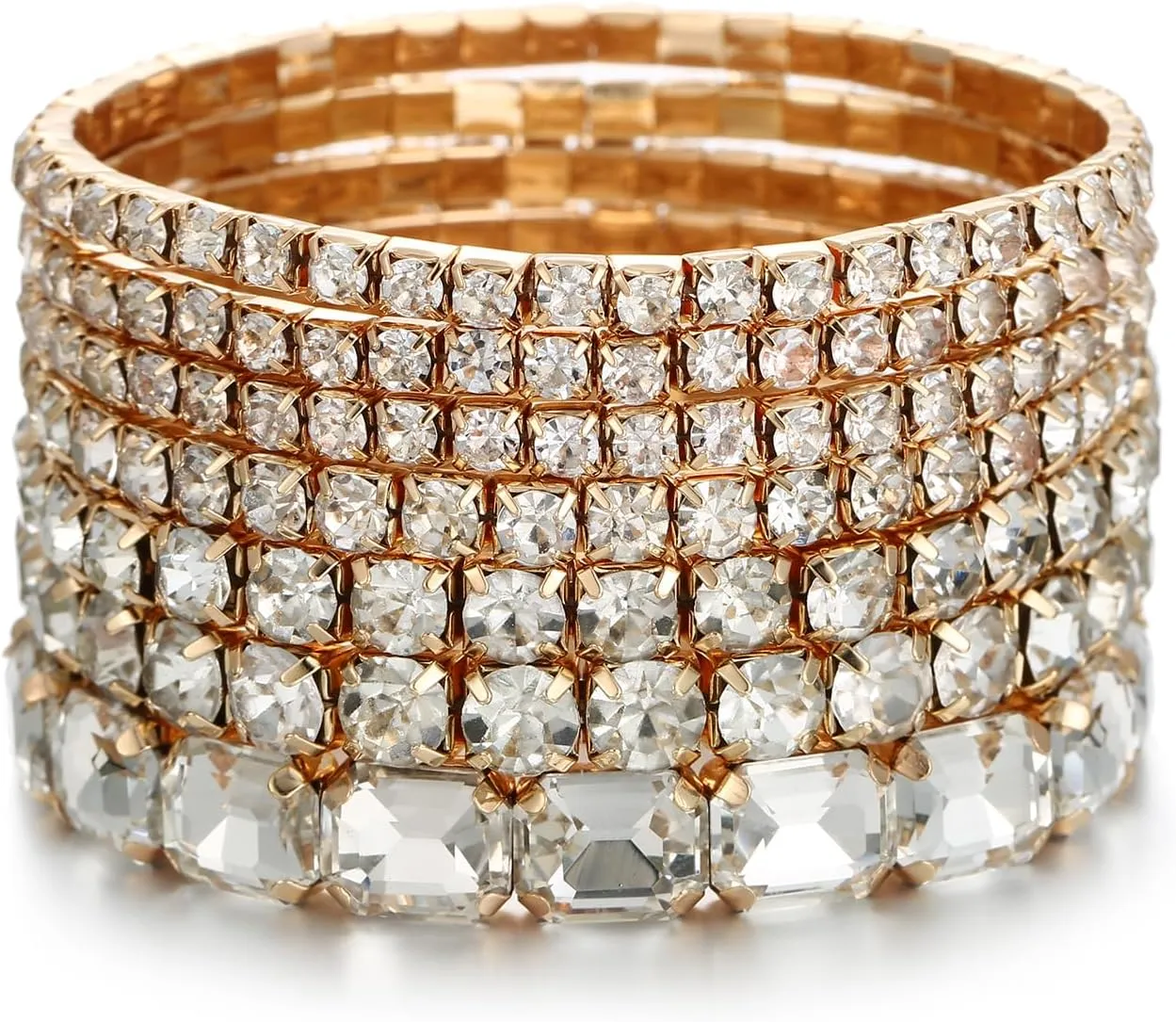 7 PCS Crystal Stretch Bracelets for Women, Bridal Wedding Stackable Layered Rhinestone Bracelets Set Evening Party Jewelry