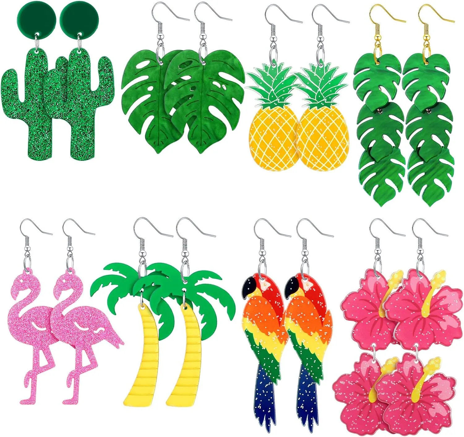 8 Pairs Summer Earrings for Women Hawaiian Tropical Acrylic Dangle Earrings Hawaii Flower Pineapple Leaf Earring Holiday Jewelry