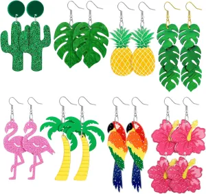 8 Pairs Summer Earrings for Women Hawaiian Tropical Acrylic Dangle Earrings Hawaii Flower Pineapple Leaf Earring Holiday Jewelry
