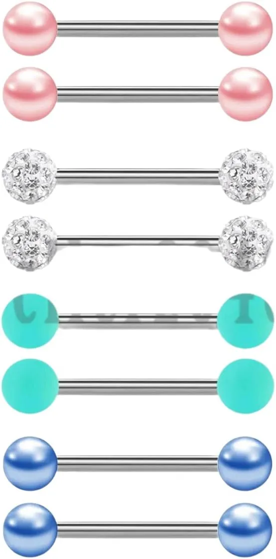 8 PCs Surgical Steel CZ Barbell Tongue Ring Body Piercing 14G Unique Delicate Jewelry Accessories