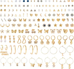 80 Pairs Dainty Earrings for Women Hypoallergenic Assorted Multiple Stud Earrings Set Cute Moon Star Heart Ball Butterfly CZ Studs Jewelry