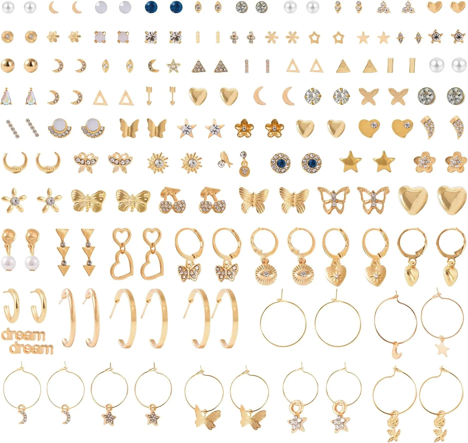 80 Pairs Dainty Earrings for Women Hypoallergenic Assorted Multiple Stud Earrings Set Cute Moon Star Heart Ball Butterfly CZ Studs Jewelry