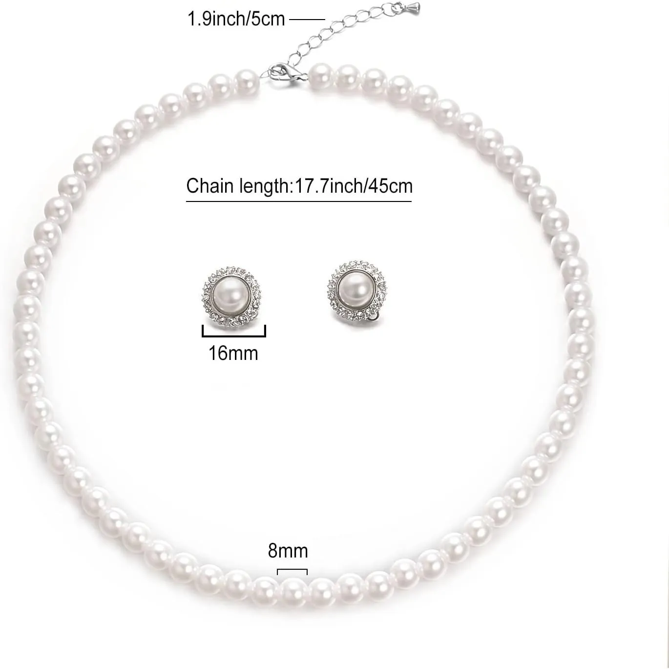 8mm 10mm Faux Pearl Necklace Earrings Set for Women White Black Round Glass Pearl Wedding Jewelry Gifts