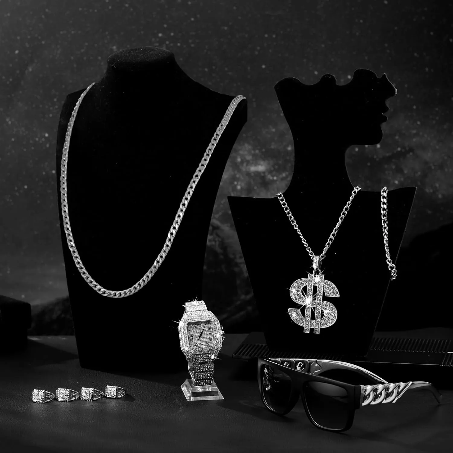 9 Pcs Hip Hop Jewelry Set Dollar Sign Pendant Necklace Bracelet Diamond Watch Punk Sunglasses Lucky Rings for Men