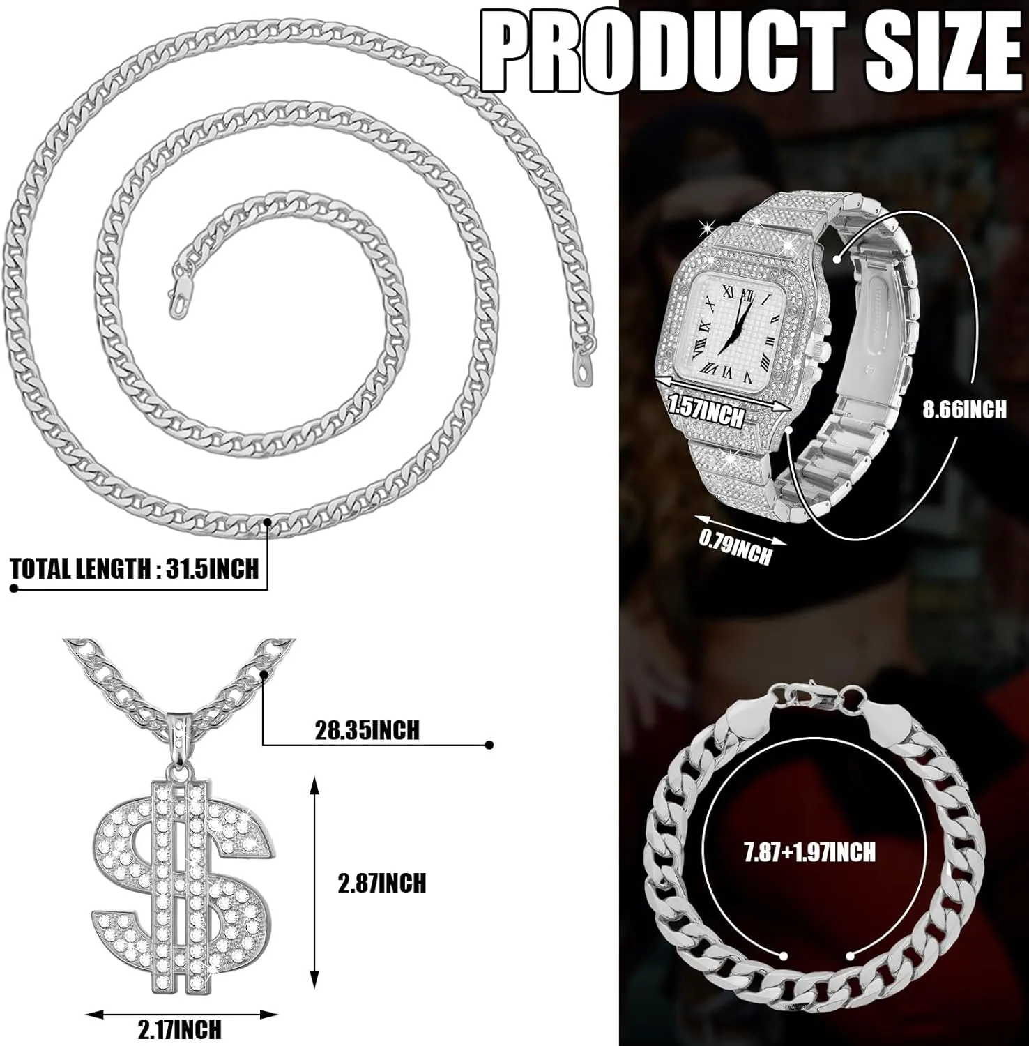 9 Pcs Hip Hop Jewelry Set Dollar Sign Pendant Necklace Bracelet Diamond Watch Punk Sunglasses Lucky Rings for Men