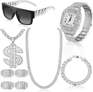 9 Pcs Hip Hop Jewelry Set Dollar Sign Pendant Necklace Bracelet Diamond Watch Punk Sunglasses Lucky Rings for Men