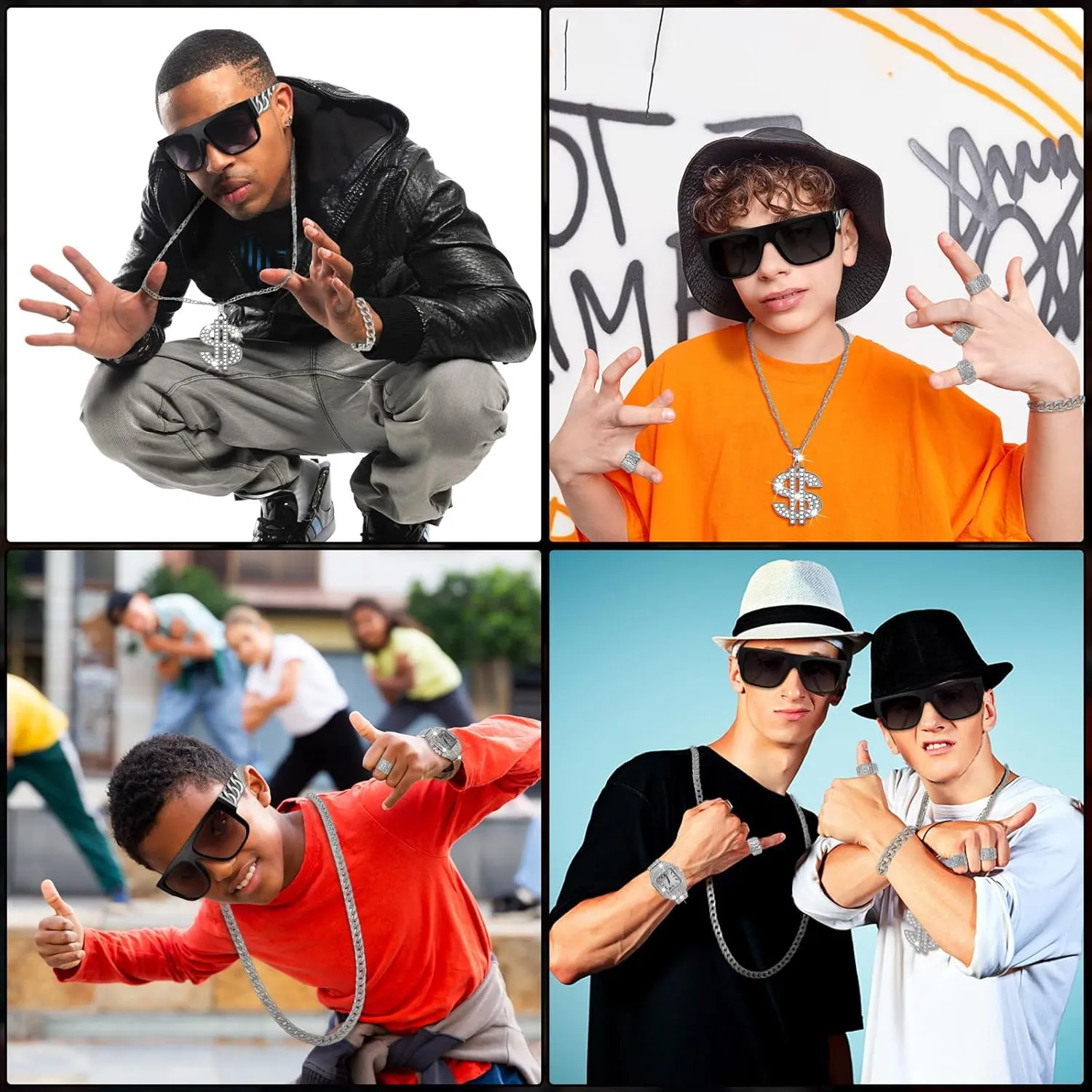 9 Pcs Hip Hop Jewelry Set Dollar Sign Pendant Necklace Bracelet Diamond Watch Punk Sunglasses Lucky Rings for Men