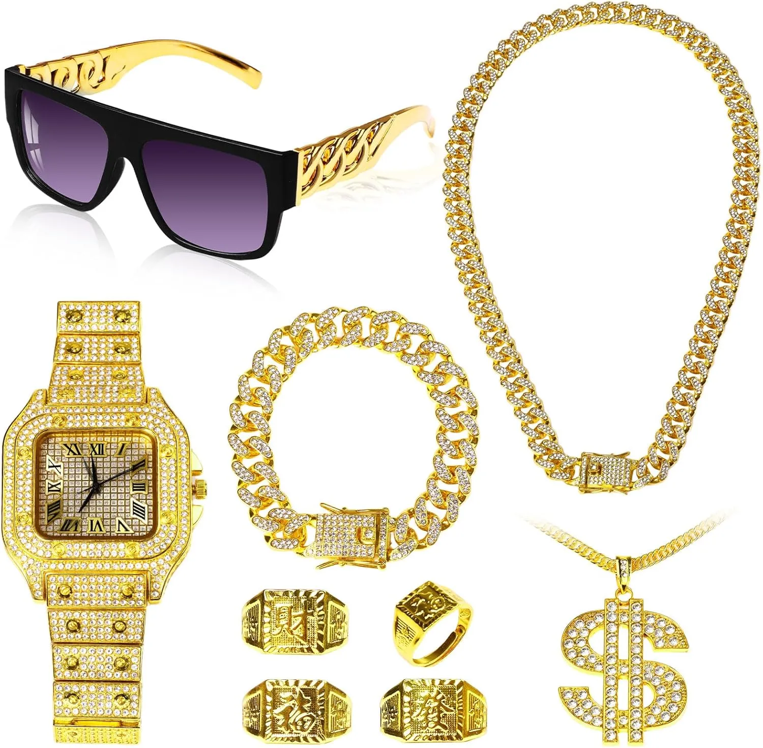 9 Pcs Hip Hop Jewelry Set Dollar Sign Pendant Necklace Bracelet Diamond Watch Punk Sunglasses Rings, 80s 90s Rapper Accessories, Cosplay Club Old School Themed Party Supplies for Men Women