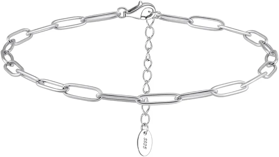 925 Sterling Silver Ankle Bracelet for Women, Summer Dainty Paperclip Style Chain Anklet, 14K Gold/White Gold Plated Silver Minimalist Jewelry Gift