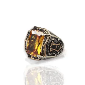 925 Sterling Silver Citrine Stone Men Silver Ring, Citrine Stone Men's Ring, Handmade Engraved Men's Silver Ring, Turkish Silver Ring