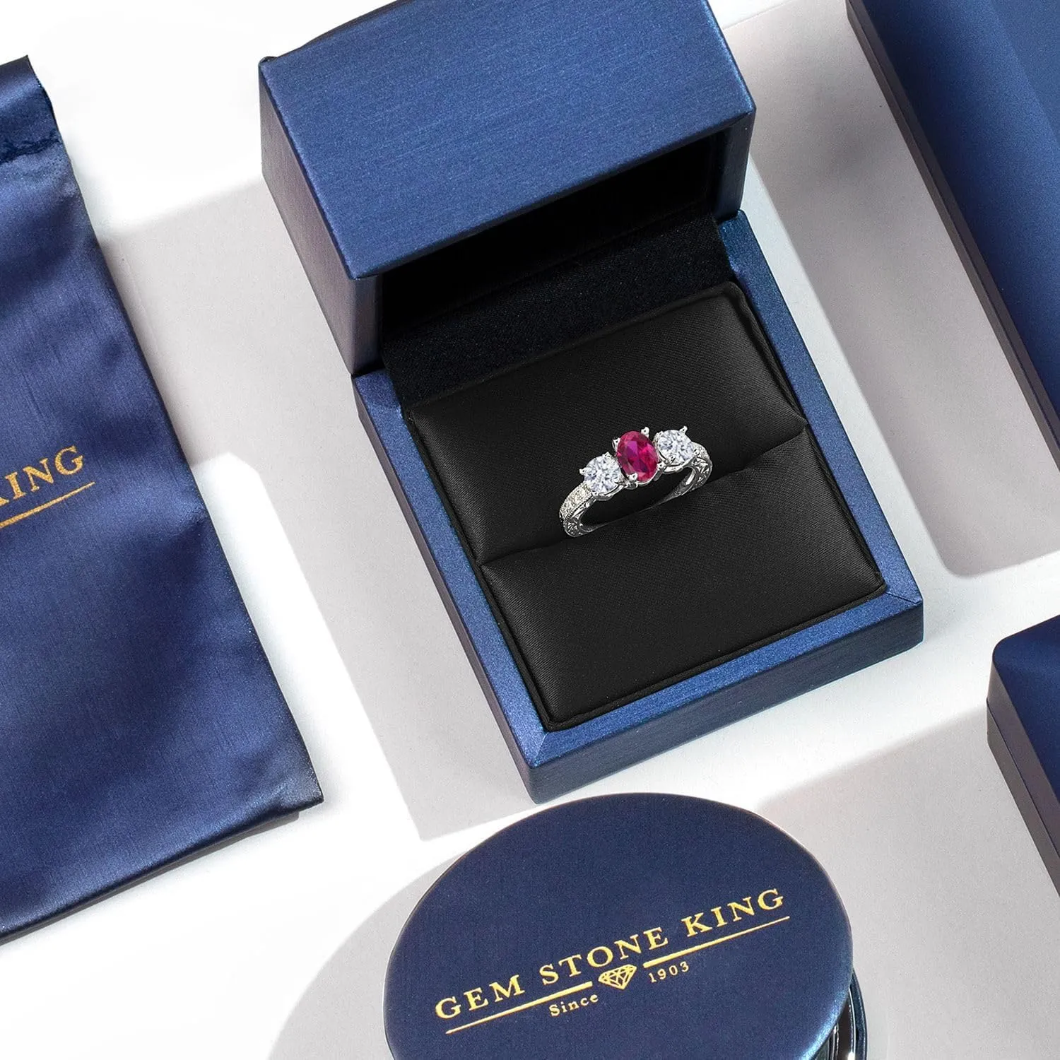 925 Sterling Silver Gemstone Birthstone 3-Stone Engagement Ring for Women | Oval 7X5MM and Round 5MM | Filigree and Milgrain Detail | Three Stone Wedding Anniversary Promise Ring | Size 5-9