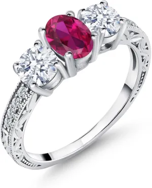 925 Sterling Silver Gemstone Birthstone 3-Stone Engagement Ring for Women | Oval 7X5MM and Round 5MM | Filigree and Milgrain Detail | Three Stone Wedding Anniversary Promise Ring | Size 5-9