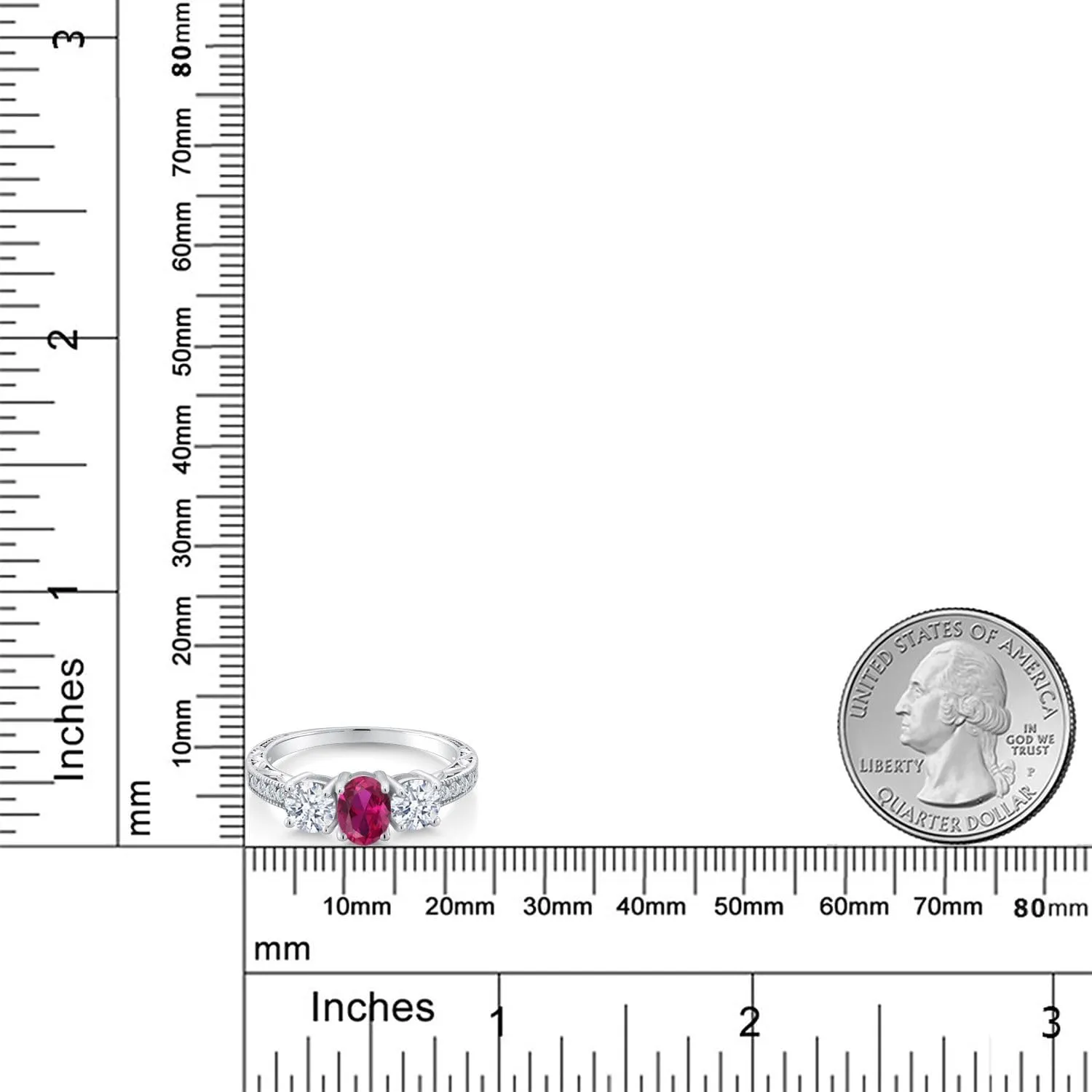 925 Sterling Silver Gemstone Birthstone 3-Stone Engagement Ring for Women | Oval 7X5MM and Round 5MM | Filigree and Milgrain Detail | Three Stone Wedding Anniversary Promise Ring | Size 5-9