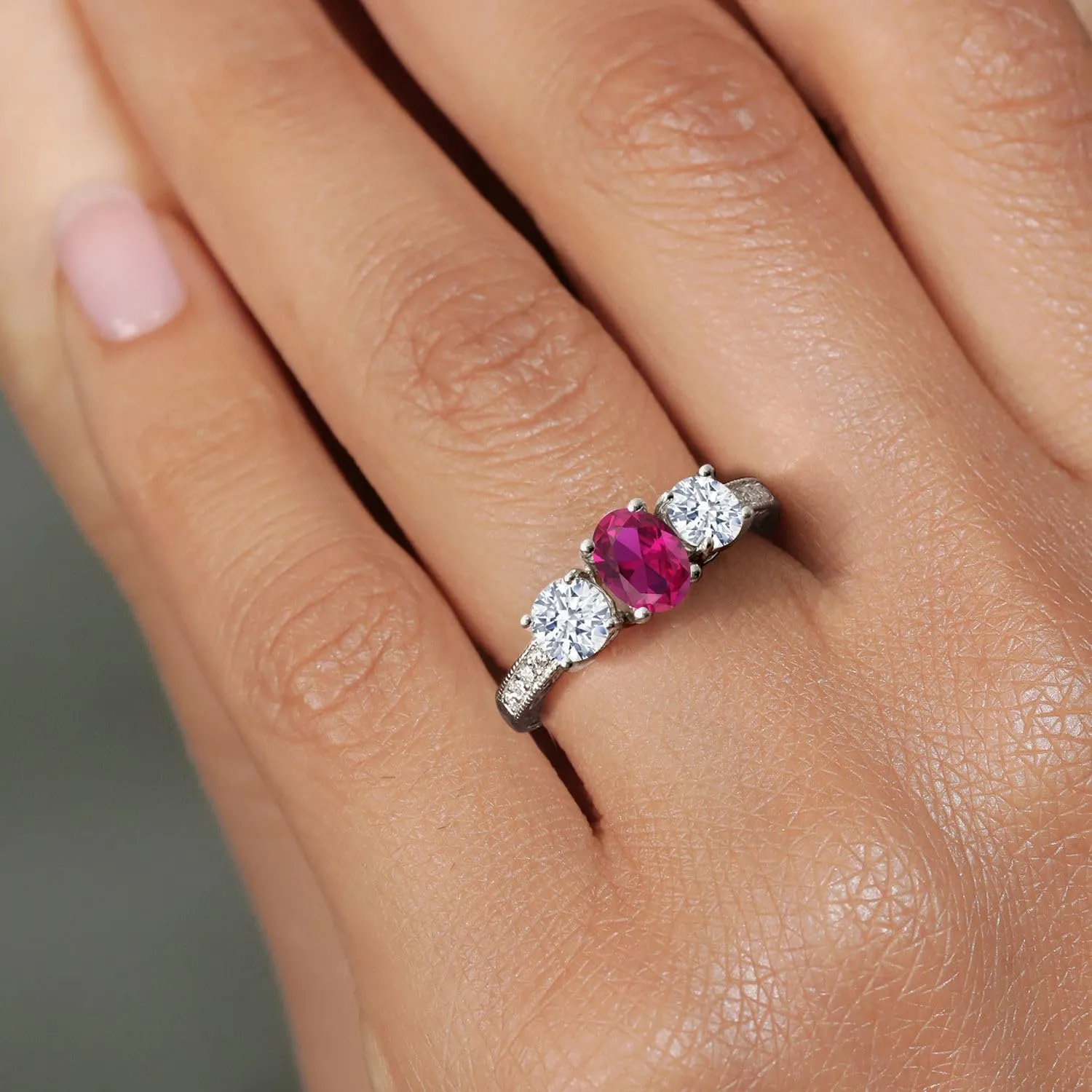 925 Sterling Silver Gemstone Birthstone 3-Stone Engagement Ring for Women | Oval 7X5MM and Round 5MM | Filigree and Milgrain Detail | Three Stone Wedding Anniversary Promise Ring | Size 5-9