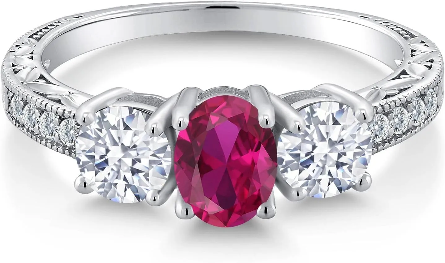 925 Sterling Silver Gemstone Birthstone 3-Stone Engagement Ring for Women | Oval 7X5MM and Round 5MM | Filigree and Milgrain Detail | Three Stone Wedding Anniversary Promise Ring | Size 5-9