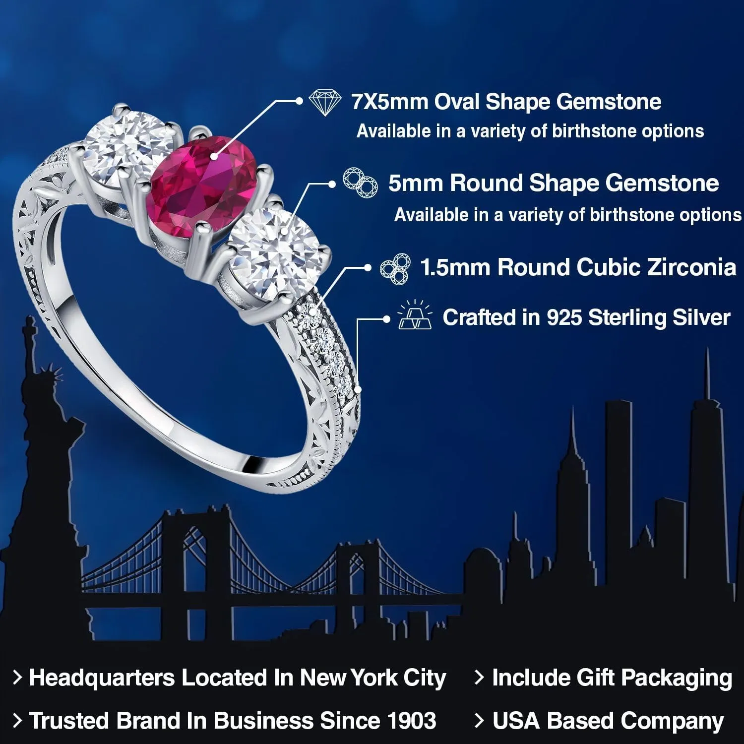 925 Sterling Silver Gemstone Birthstone 3-Stone Engagement Ring for Women | Oval 7X5MM and Round 5MM | Filigree and Milgrain Detail | Three Stone Wedding Anniversary Promise Ring | Size 5-9