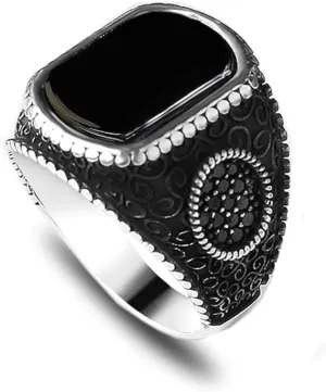 925 Sterling Silver Genuine Black Onyx Stone Mens Silver Ring with Micro Zircon Stones Silver Signet Ring for Men Handmade Engraved Silver Men Rings Sterling Silver Pinky Ring Gift for Men Gift for Dad