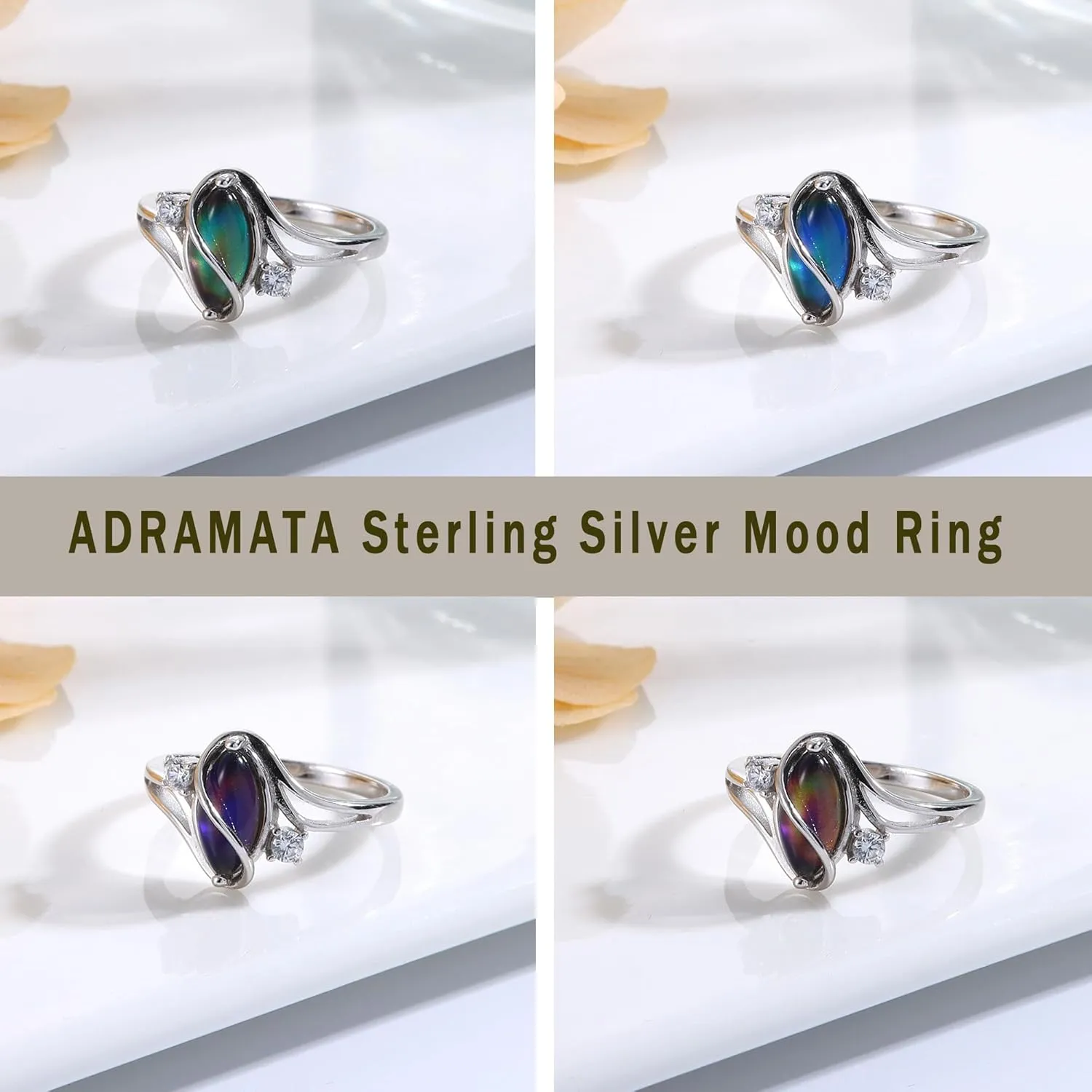 ADRAMATA 925 Sterling Silver Rings for Women Mood Ring Color Change Cubic Zirconia Accents Ring 18K Gold Plated Oval Solitaire Statement Silver Rings Jewelry