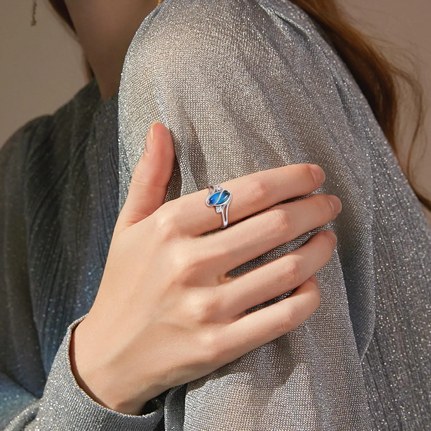 ADRAMATA 925 Sterling Silver Rings for Women Mood Ring Color Change Cubic Zirconia Accents Ring 18K Gold Plated Oval Solitaire Statement Silver Rings Jewelry
