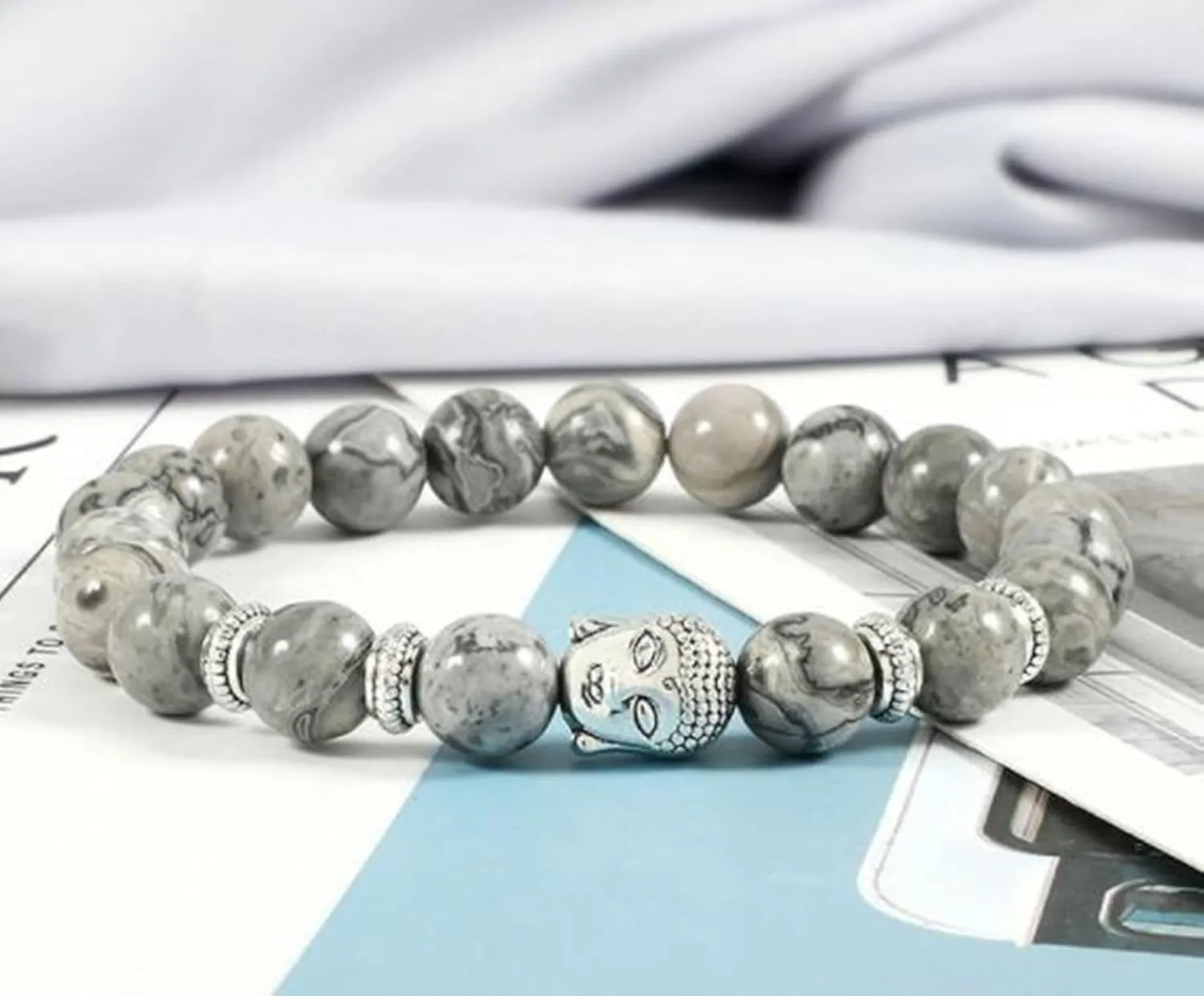 Aienid Beaded Bracelets 8mm Crystal Bead Bracelet Nature Stones Buddha Head White Round Woven Stretchy 17cm x 7mm 1PCS for Graduation