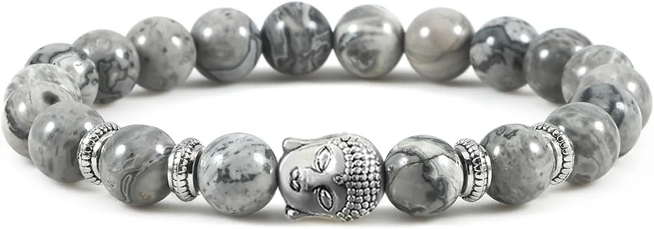 Aienid Beaded Bracelets 8mm Crystal Bead Bracelet Nature Stones Buddha Head White Round Woven Stretchy 17cm x 7mm 1PCS for Graduation