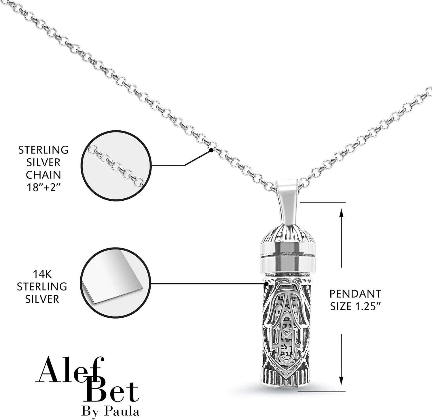 Alef Bet by Paula Mezuzah Necklace Sterling Silver Men and Women