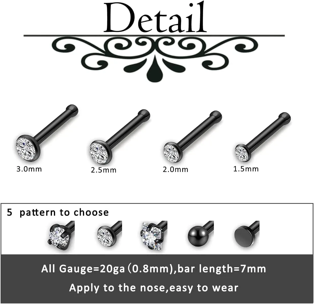 AllerPierce 20G 20Pcs Nose Studs Rings Stainless Steel CZ L Shape Bone Screw Stud Nose Piercing Jewelry for Women Men Hypoallergenic Nose Pin 1.5mm 2mm 2.5mm 3mm