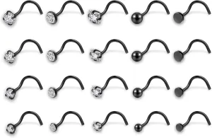 AllerPierce 20G 20Pcs Nose Studs Rings Stainless Steel CZ L Shape Bone Screw Stud Nose Piercing Jewelry for Women Men Hypoallergenic Nose Pin 1.5mm 2mm 2.5mm 3mm