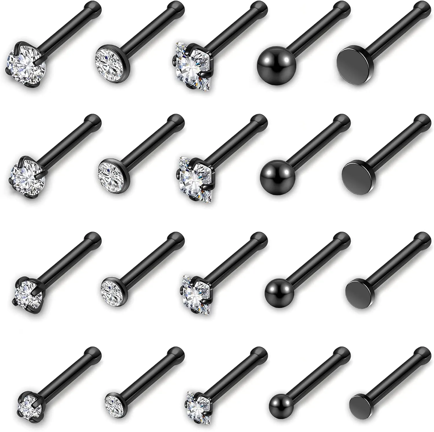 AllerPierce 20G 20Pcs Nose Studs Rings Stainless Steel CZ L Shape Bone Screw Stud Nose Piercing Jewelry for Women Men Hypoallergenic Nose Pin 1.5mm 2mm 2.5mm 3mm