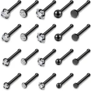 AllerPierce 20G 20Pcs Nose Studs Rings Stainless Steel CZ L Shape Bone Screw Stud Nose Piercing Jewelry for Women Men Hypoallergenic Nose Pin 1.5mm 2mm 2.5mm 3mm