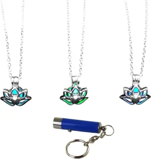 AlterImage Mesmerizing Lotus Flower Glow In The Dark Necklaces Set of 3 Luminous Jewelry Green Blue & Sky Blue Includes UV Light