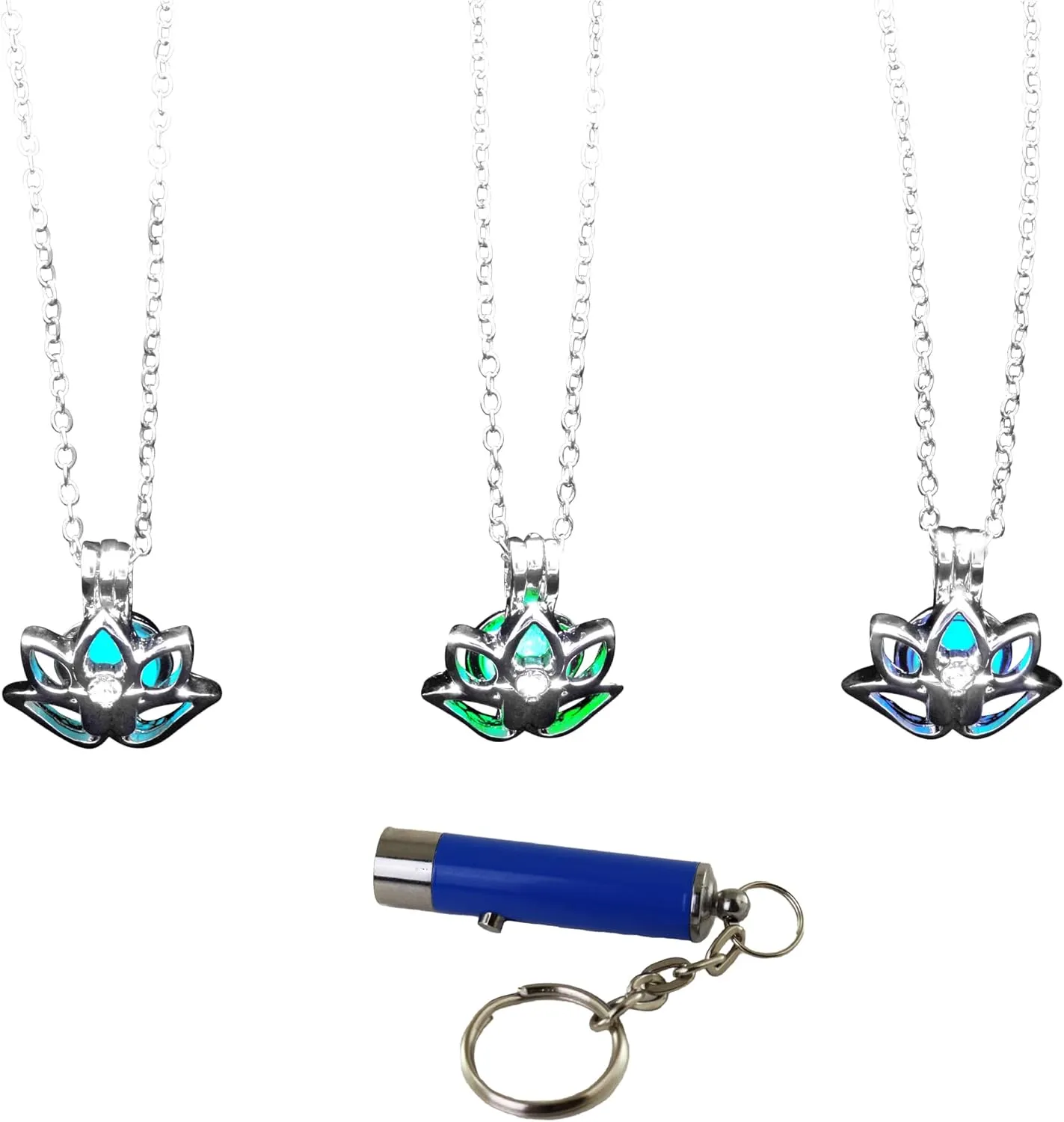 AlterImage Mesmerizing Lotus Flower Glow In The Dark Necklaces Set of 3 Luminous Jewelry Green Blue & Sky Blue Includes UV Light