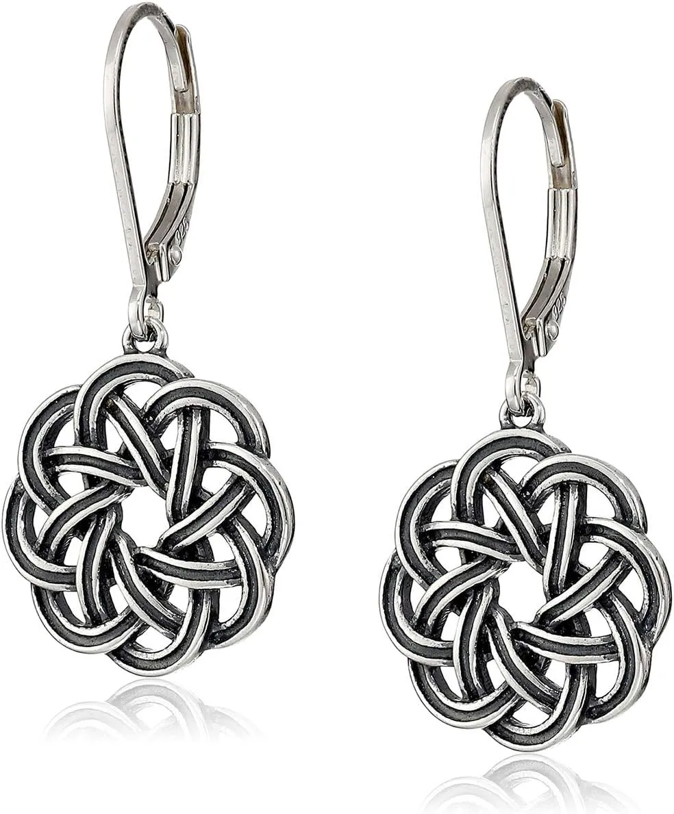 Amazon Essentials .925 Sterling Silver Dangle Earrings for Women, Trendy Drop Women Earrings Hypoallergenic Nickel-Free Jewelry - Lightweight Leverback Celtic Knot Design Jewelry